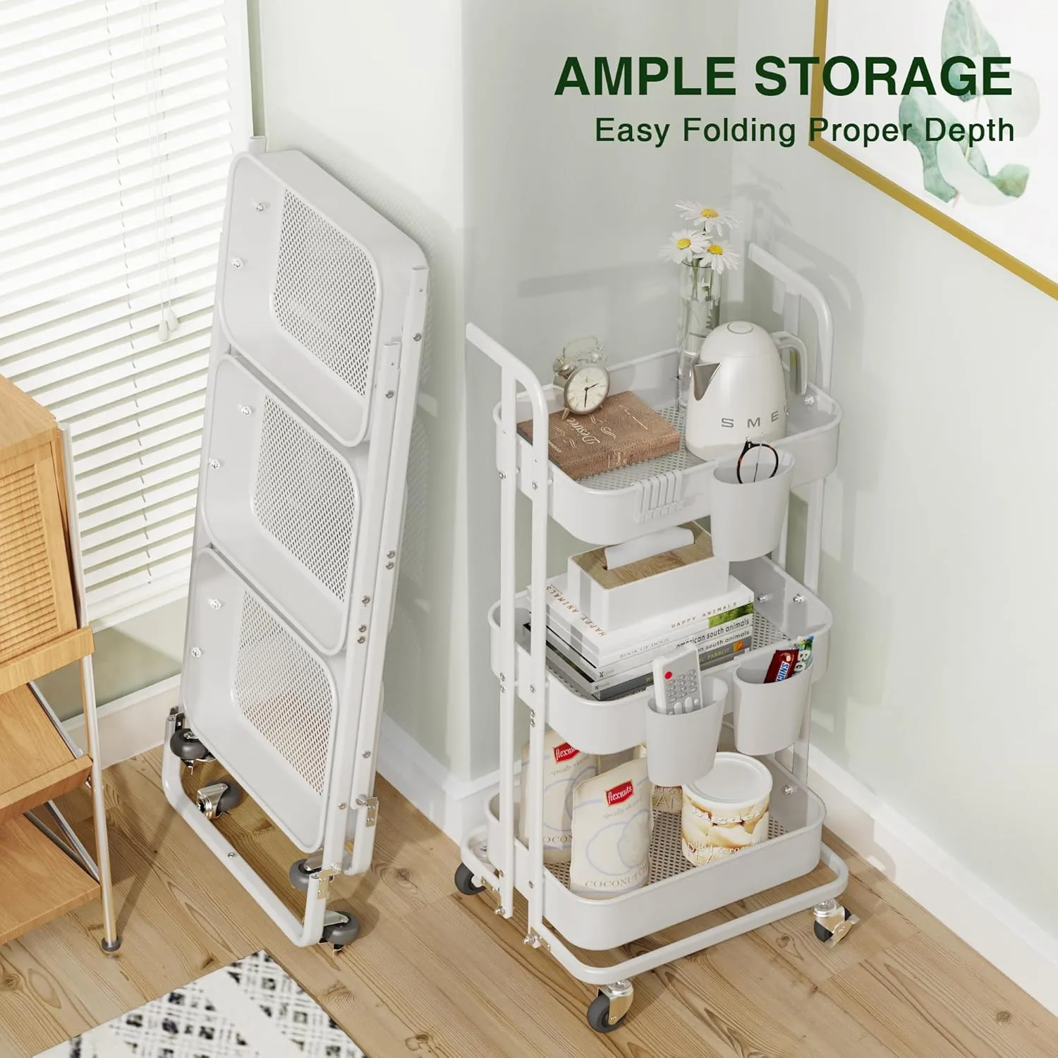 DTK 3 Tier Foldable Rolling Cart, Metal Utility Cart with Lockable Wheels, Folding Storage Trolley, 3 Small Baskets and 6 Hooks for Living Room, Kitchen, Bathroom, Bedroom and Office, White