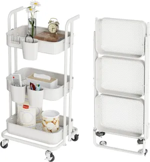 DTK 3 Tier Foldable Rolling Cart, Metal Utility Cart with Lockable Wheels, Folding Storage Trolley, 3 Small Baskets and 6 Hooks for Living Room, Kitchen, Bathroom, Bedroom and Office, White
