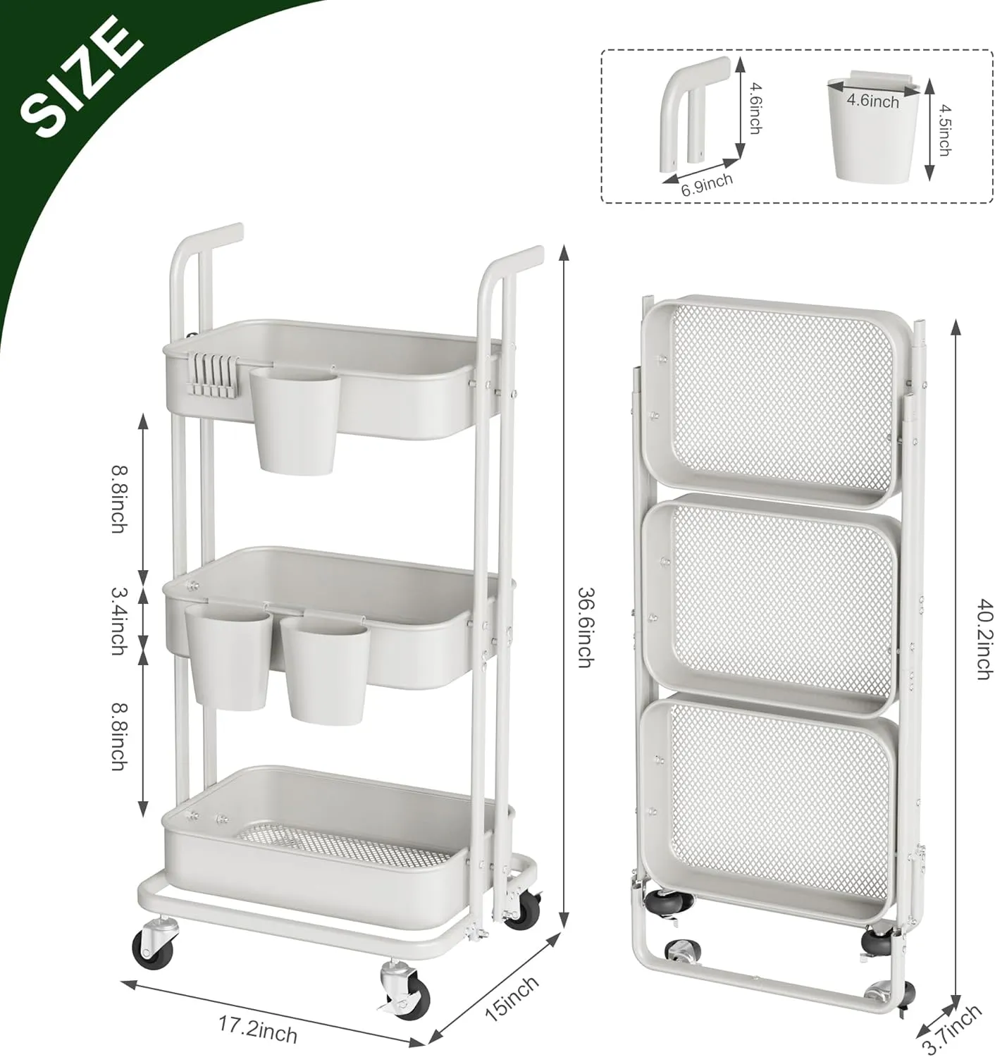 DTK 3 Tier Foldable Rolling Cart, Metal Utility Cart with Lockable Wheels, Folding Storage Trolley, 3 Small Baskets and 6 Hooks for Living Room, Kitchen, Bathroom, Bedroom and Office, White