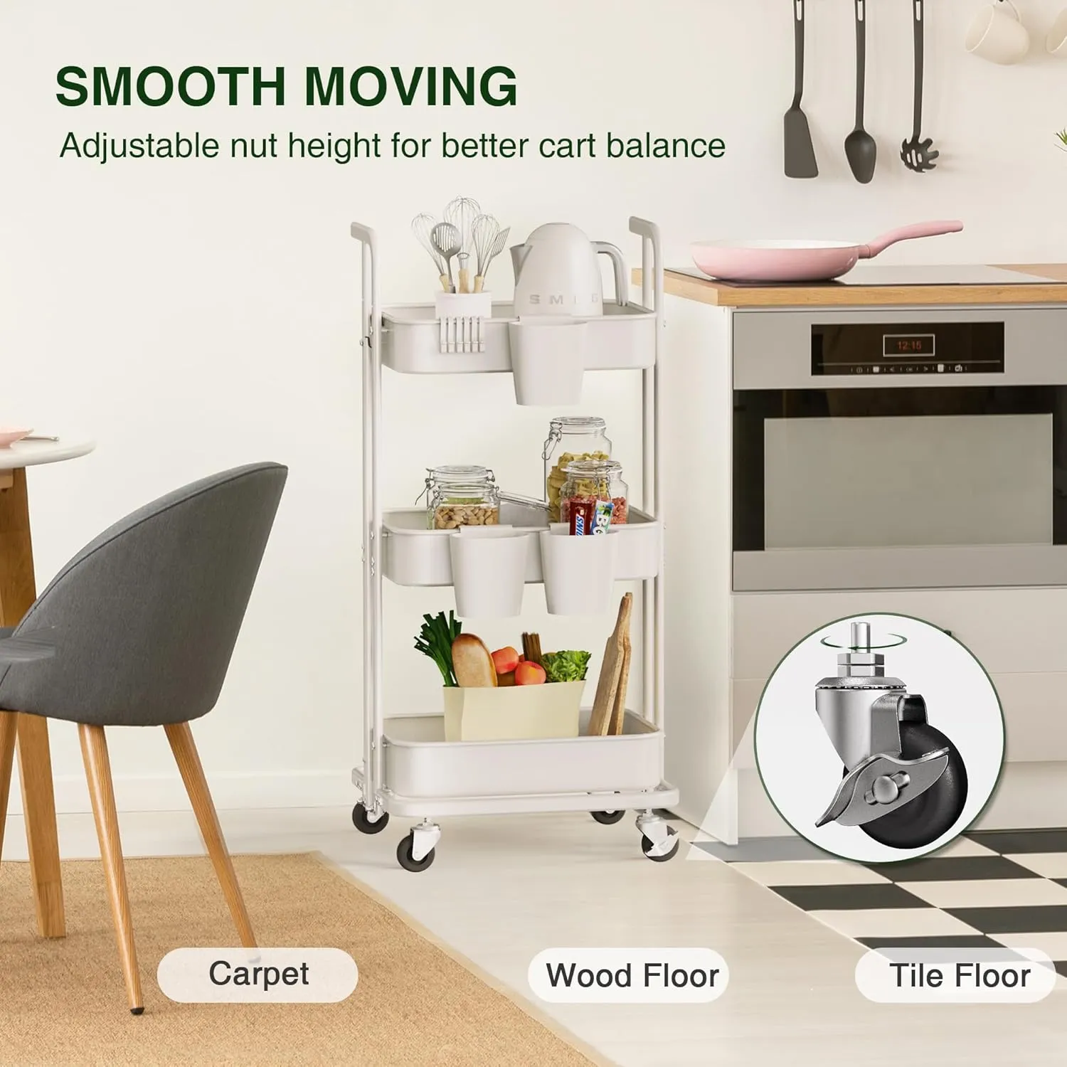 DTK 3 Tier Foldable Rolling Cart, Metal Utility Cart with Lockable Wheels, Folding Storage Trolley, 3 Small Baskets and 6 Hooks for Living Room, Kitchen, Bathroom, Bedroom and Office, White