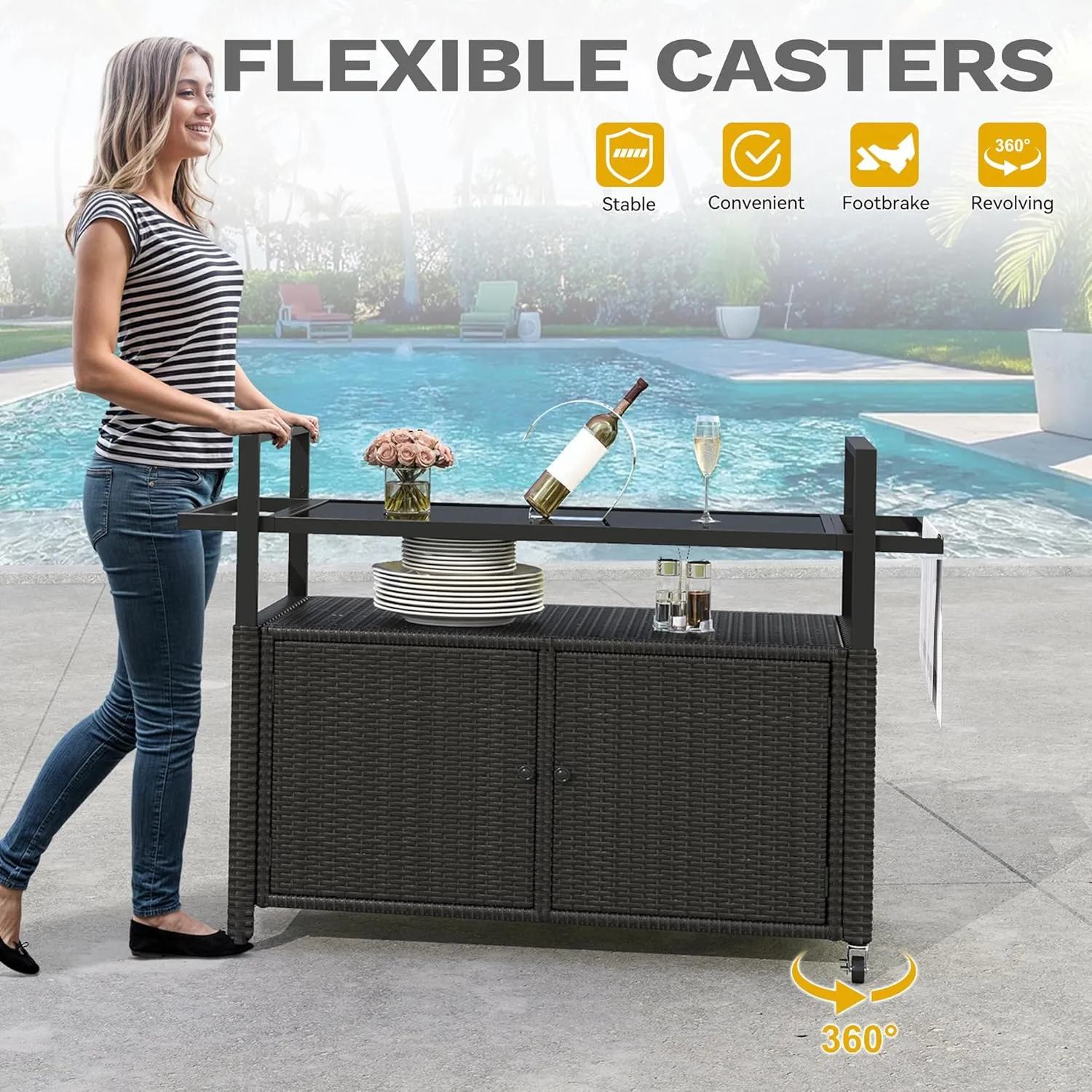 DWVO Patio Storage Cabinet,Outdoor Bar Cart with Glass Top,Outdoor Storage Cabinet with Wheels for Patio, Poolside and Backyard,Black