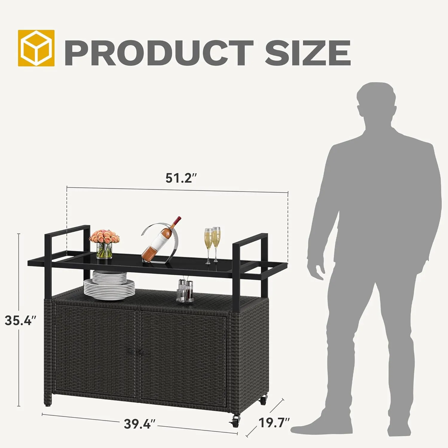 DWVO Patio Storage Cabinet,Outdoor Bar Cart with Glass Top,Outdoor Storage Cabinet with Wheels for Patio, Poolside and Backyard,Black