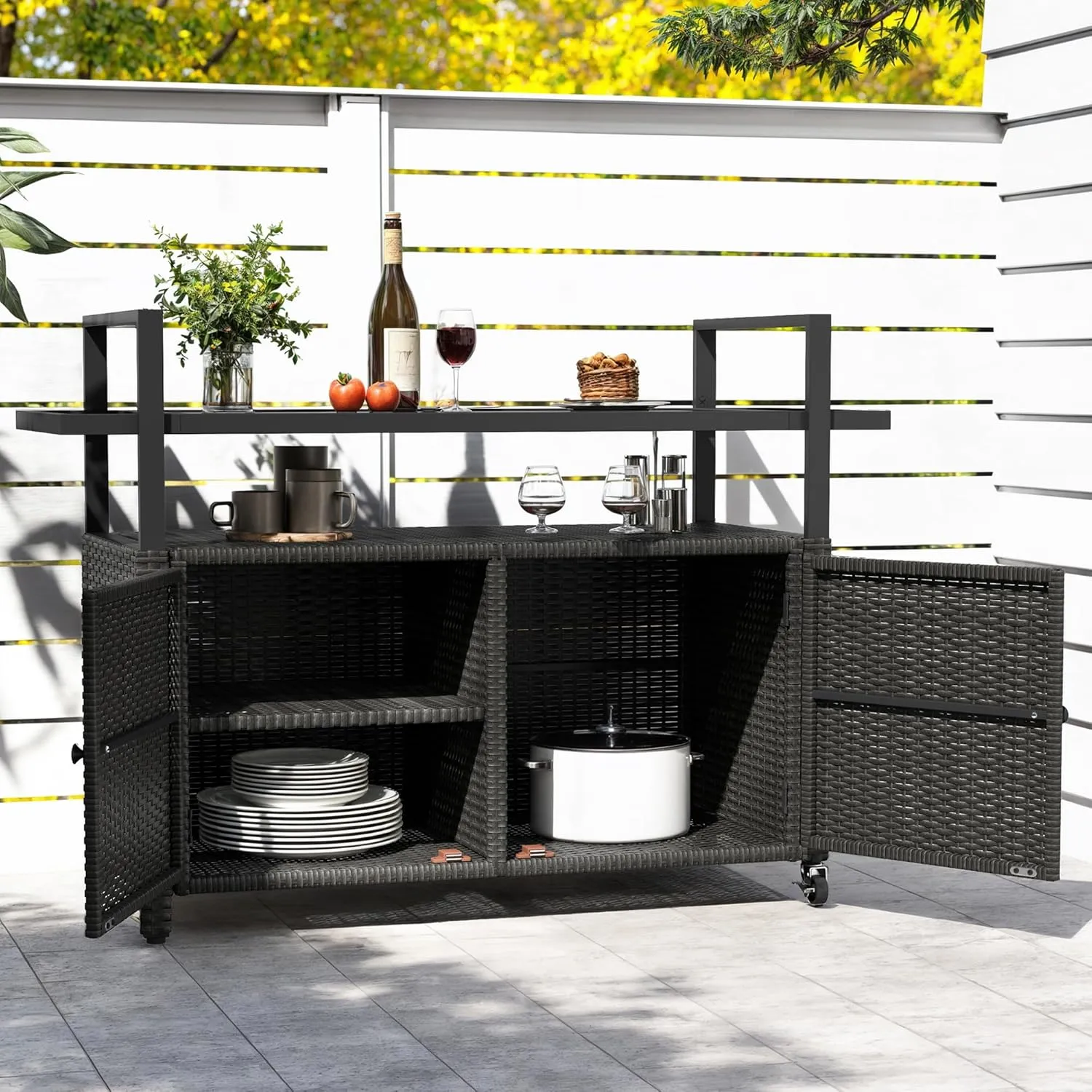 DWVO Patio Storage Cabinet,Outdoor Bar Cart with Glass Top,Outdoor Storage Cabinet with Wheels for Patio, Poolside and Backyard,Black