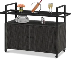 DWVO Patio Storage Cabinet,Outdoor Bar Cart with Glass Top,Outdoor Storage Cabinet with Wheels for Patio, Poolside and Backyard,Black