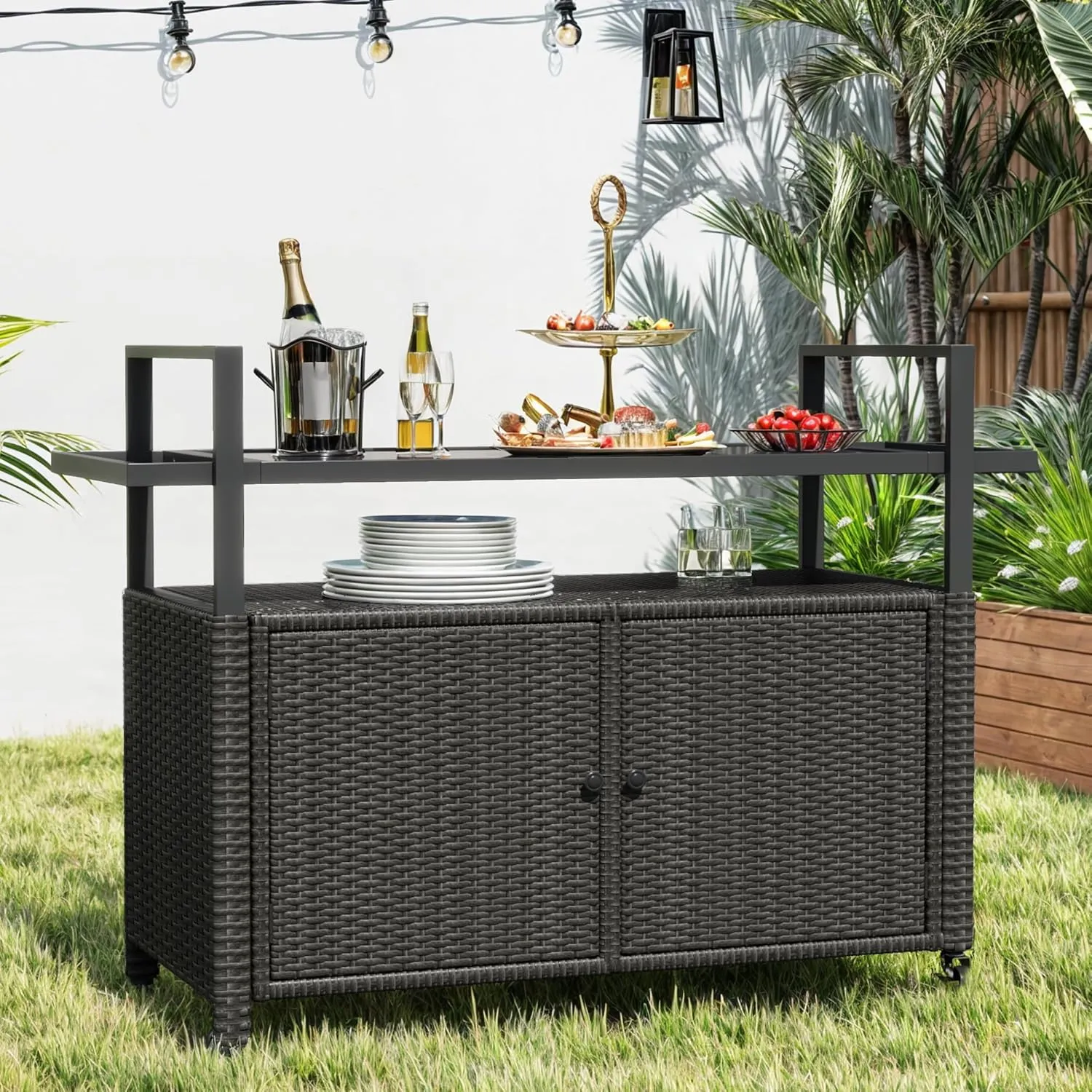 DWVO Patio Storage Cabinet,Outdoor Bar Cart with Glass Top,Outdoor Storage Cabinet with Wheels for Patio, Poolside and Backyard,Black