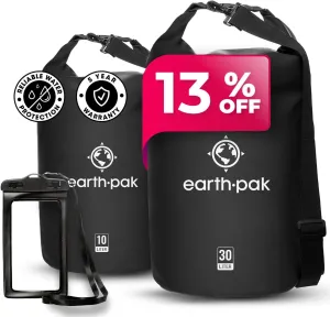 Earth Pak Waterproof Dry Bag - Roll Top Waterproof Backpack Sack (Black 30L & 10L)