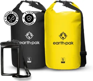 Earth Pak Waterproof Dry Bag - Roll Top Waterproof Backpack Sack Keeps Gear Dry for Kayaking, Beach, Rafting, Boating, Hiking, Camping and Fishing Black 5L & Yellow 5L
