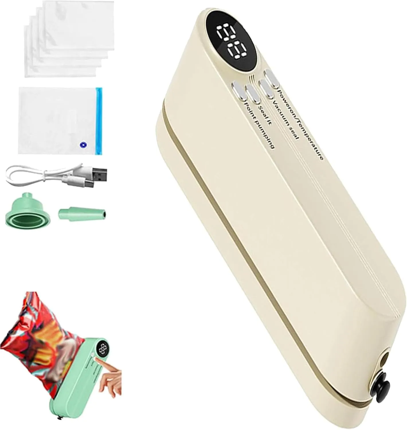 Easilyous Vacuum Sealer, Rechargeable 3-in-1 Handheld Bag Vacuum Sealer,Rechargeable Sealer, Snack Bag Sealing Machine with Air Pump with 10 Compression Bags for Dry/Moist Food Storage (green)