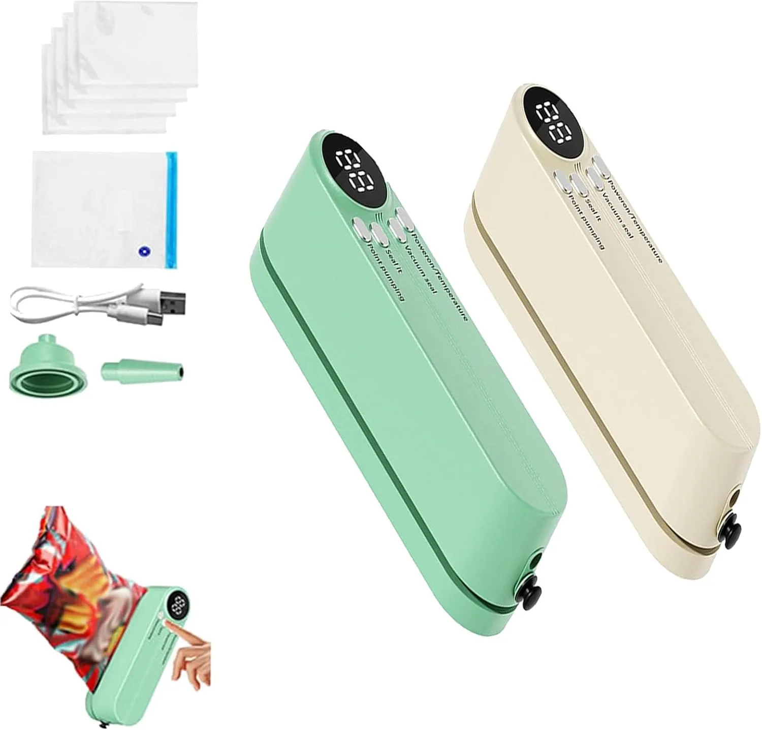 Easilyous Vacuum Sealer, Rechargeable 3-in-1 Handheld Bag Vacuum Sealer,Rechargeable Sealer, Snack Bag Sealing Machine with Air Pump with 10 Compression Bags for Dry/Moist Food Storage (green)