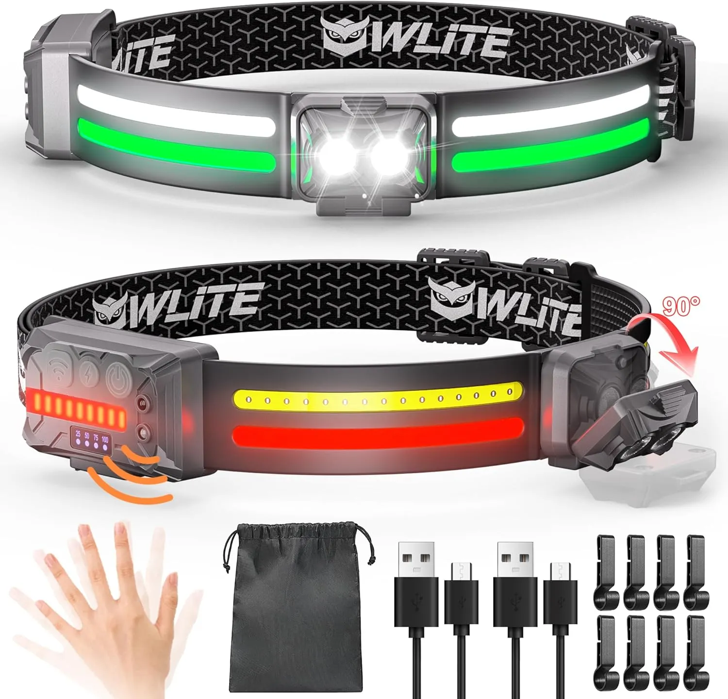 EGUKU Headlamp Flashlight, 2Pack Rechargeable LED Headlamps 1200Lumens 2 COB 260°Wide Beam Headlight with Motion Sensor Bright 18 Modes Lightweight Waterproof Head Lamp for Running, Camping Hiking