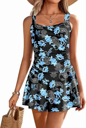 Ekouaer Swim Dress One Piece Bathing Suit Skirted Swimsuits for Women Ruched Retro Swimwear S-XXL