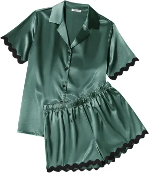 Ekouaer Womens Satin Pajamas Set Button Down 2 Piece Silky Pjs Shorts Set Notch Collar Sleepwear