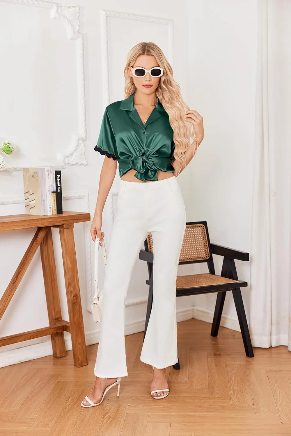 Ekouaer Womens Satin Pajamas Set Button Down 2 Piece Silky Pjs Shorts Set Notch Collar Sleepwear