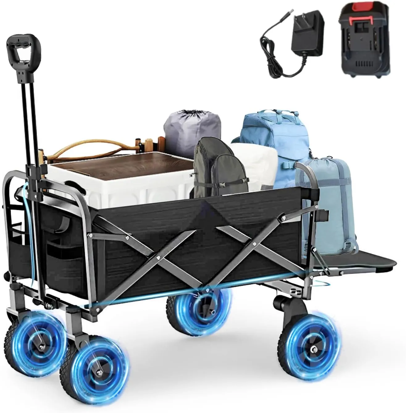 Electric Collapsible Folding Wagon Cart, Heavy Duty Beach Wagon with Big Wheels and Adjustable Handle, Utility All Terrain Cart for Garden, Grocery, Shopping, Camping Outdoor