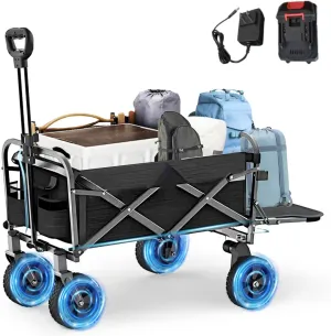 Electric Collapsible Folding Wagon Cart, Heavy Duty Beach Wagon with Big Wheels and Adjustable Handle, Utility All Terrain Cart for Garden, Grocery, Shopping, Camping Outdoor