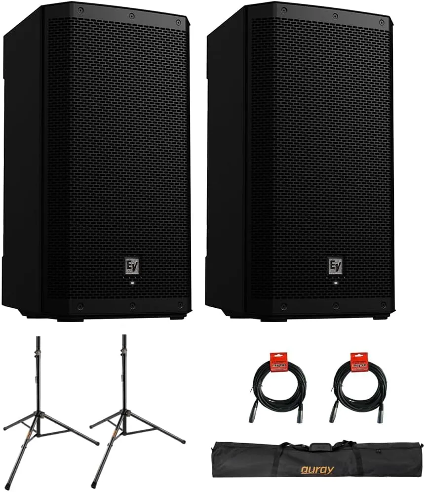 Electro-Voice ZLX-15P-G2 15" 2-Way 1000W Bluetooth Powered Loudspeaker (Pair) with 2X Steel Speaker Stand, Stand Bag 51"& 2X XLR Cable Bundle