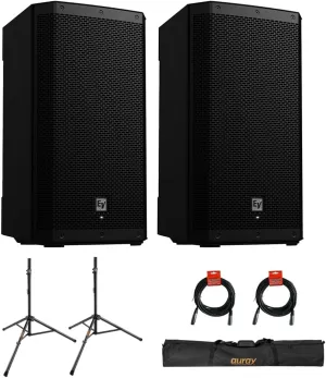 Electro-Voice ZLX-15P-G2 15" 2-Way 1000W Bluetooth Powered Loudspeaker (Pair) with 2X Steel Speaker Stand, Stand Bag 51"& 2X XLR Cable Bundle