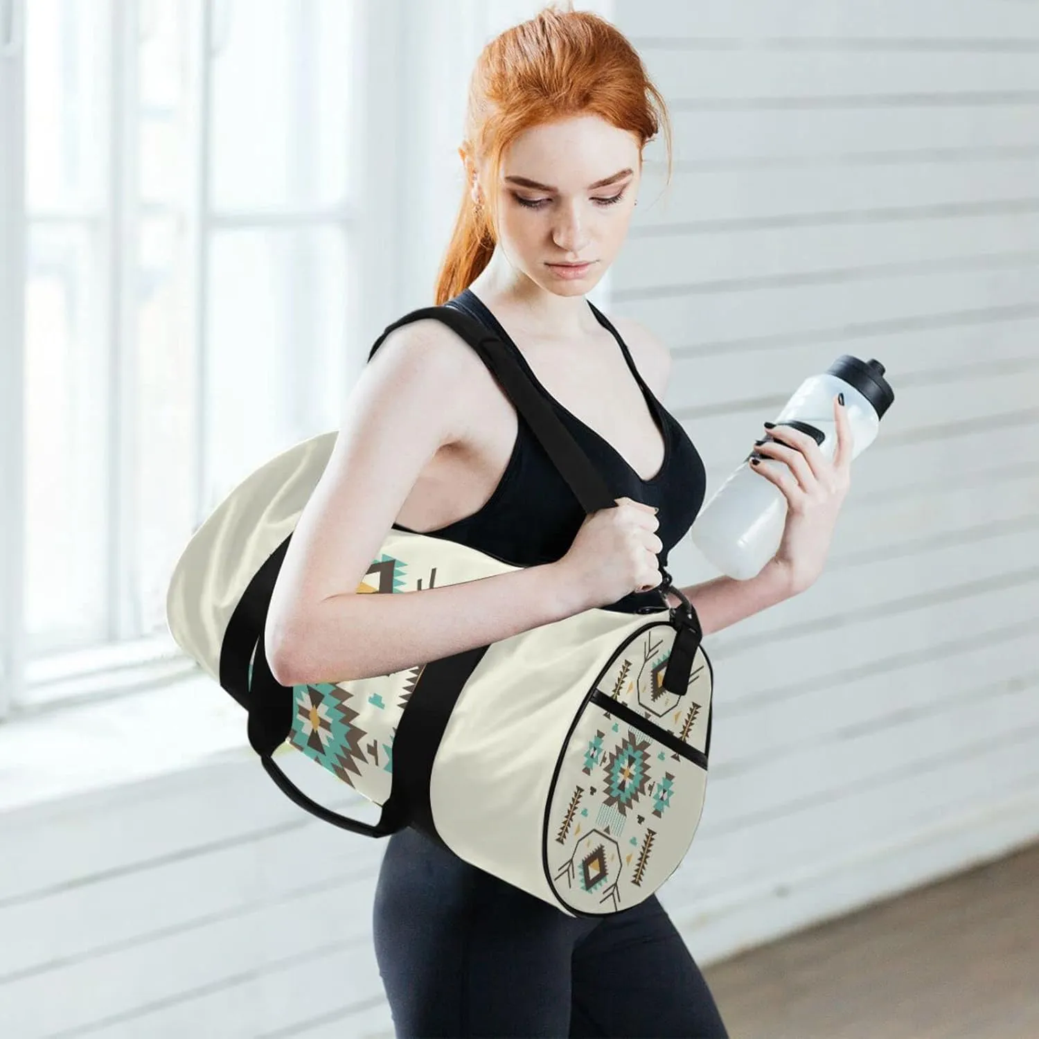 Ethnic Tribal Pattern Duffel Bag, Foldable Canvas Travel Tote for Gym Sports with Inner Pockets, Durable Lightweight Fitness Bag for Overnight Workout