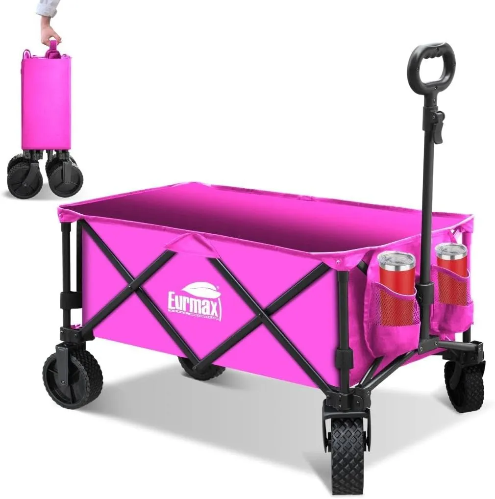 Eurmax USA Collapsible Outdoor Folding Wagon Cart All-Terrain Utility Wagon Heavy Duty Camping Patio Shopping Garden Sporting Wagon Cart with Side Bag & Cup Holder（Hot Pink）