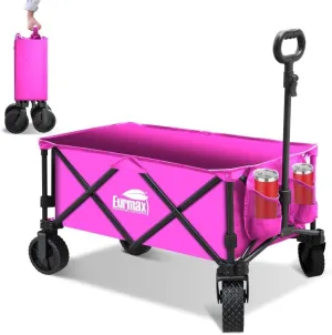 Eurmax USA Collapsible Outdoor Folding Wagon Cart All-Terrain Utility Wagon Heavy Duty Camping Patio Shopping Garden Sporting Wagon Cart with Side Bag & Cup Holder（Hot Pink）