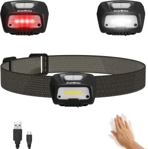 EverBrite Rechargeable Headlamp, LED Bright Motion Sensor Head Lamp Flashlight with 6 Modes, Adjustable Headlight for Adults Kids with White Red Light, Waterproof, Black, for Hiking, Running, Camping