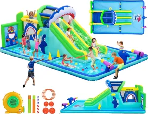 FBSPORT Inflatable Bounce House Water Slide Park, Double Slide Bouncer Castle with 550W Air Blower, Climbing Wall, Jumping Area, Toss Rings, Basketball, Splash, Bouncy House for Backyard Outdoor