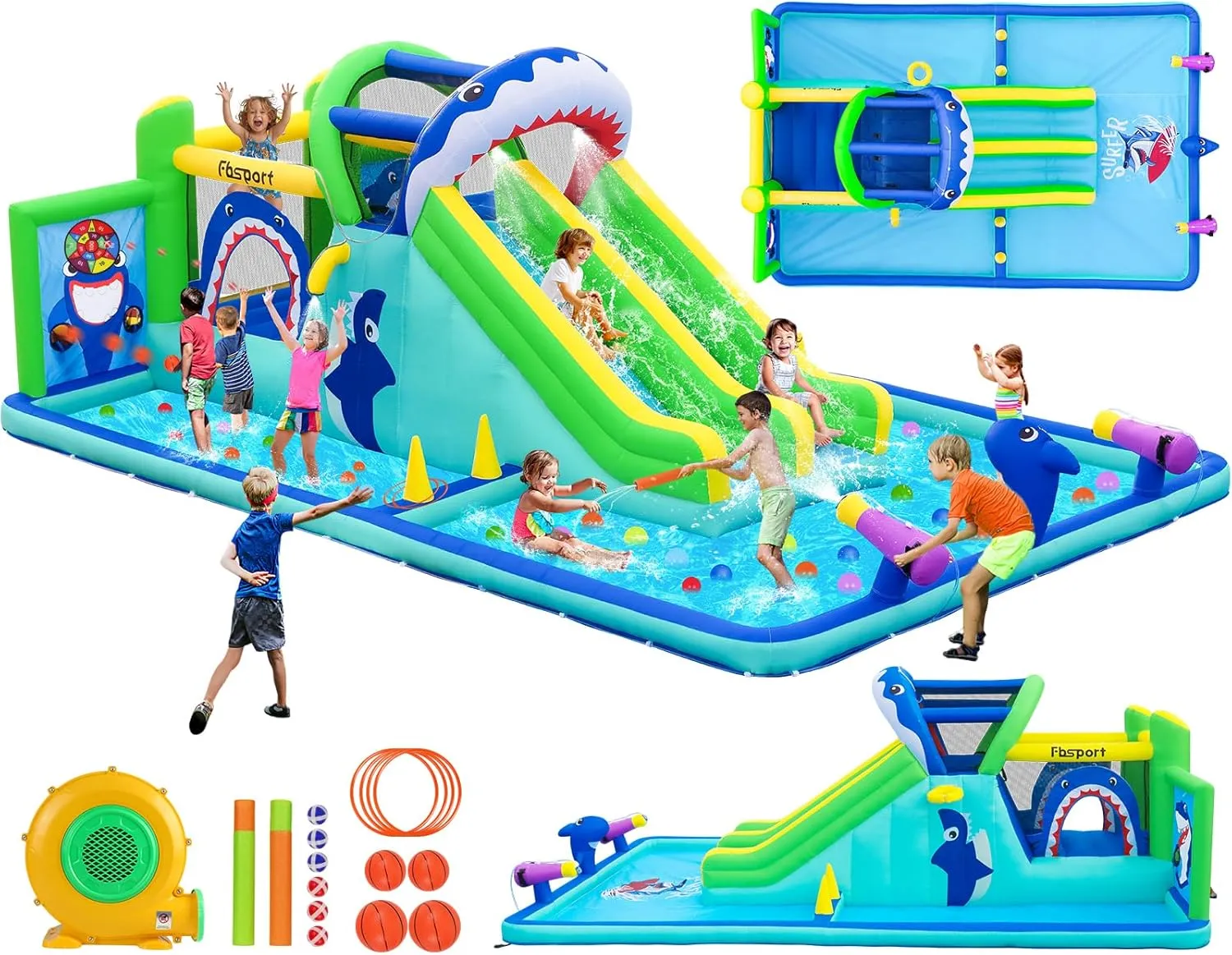 FBSPORT Inflatable Bounce House Water Slide Park, Double Slide Bouncer Castle with 550W Air Blower, Climbing Wall, Jumping Area, Toss Rings, Basketball, Splash, Bouncy House for Backyard Outdoor