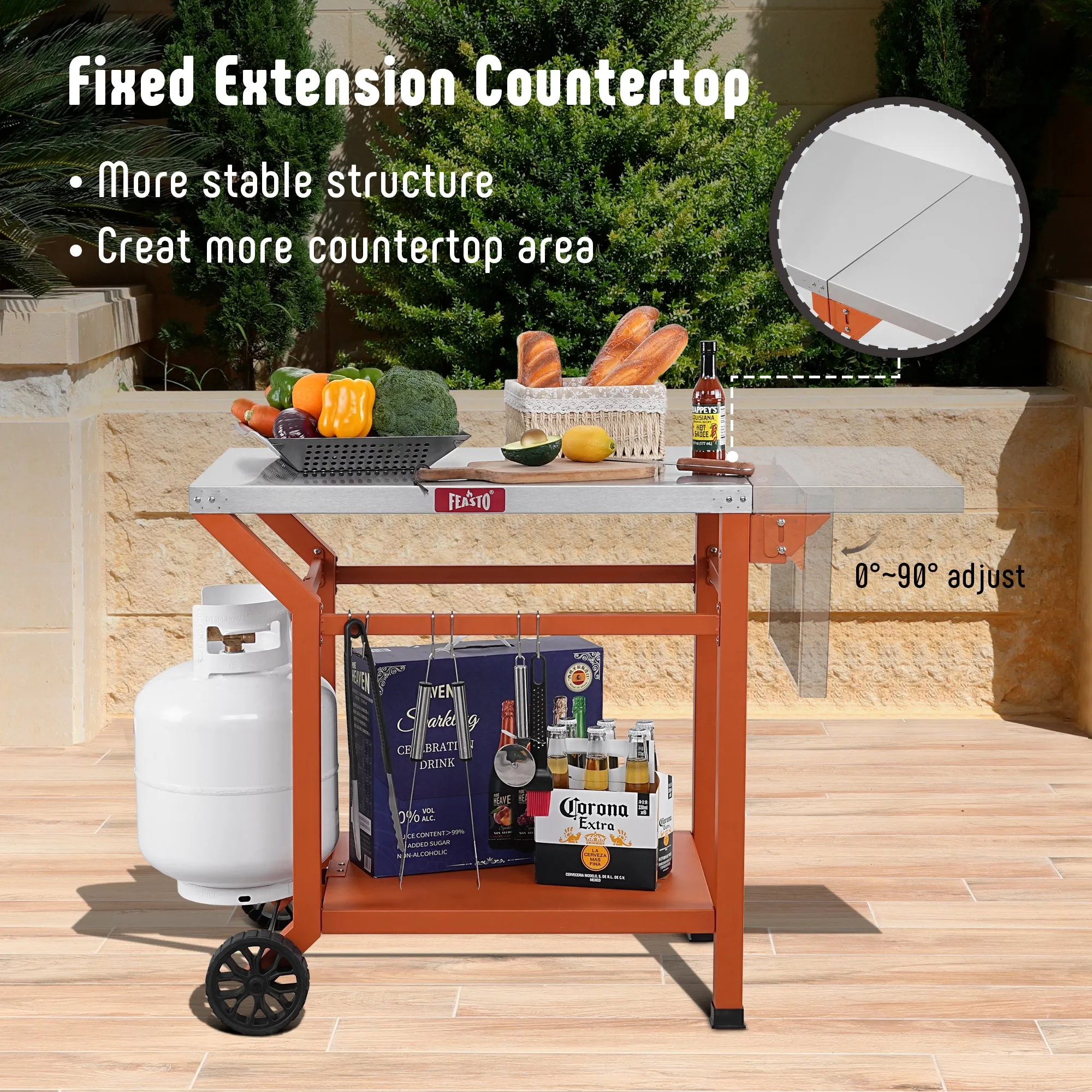 Feasto Outdoor Grill Table, 40’’x20’’, Movable Pizza Oven Table with Wheels, Stainless Steel Countertop Grill Cart with Storage Shelf & Foldable Extension Table, 6 Extra Hooks,for BBQ Food Prep
