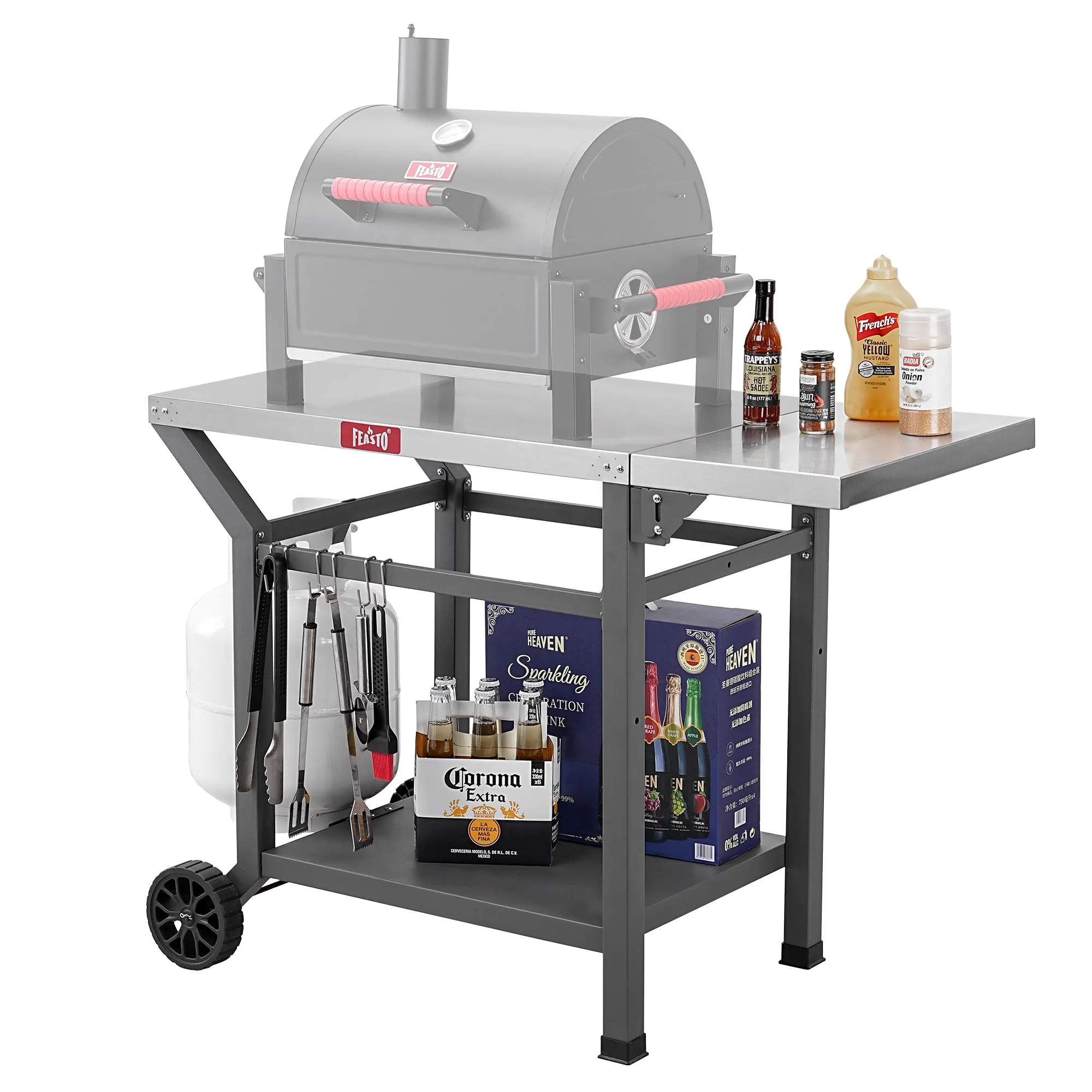 Feasto Outdoor Grill Table, 40’’x20’’, Movable Pizza Oven Table with Wheels, Stainless Steel Countertop Grill Cart with Storage Shelf & Foldable Extension Table, 6 Extra Hooks,for BBQ Food Prep