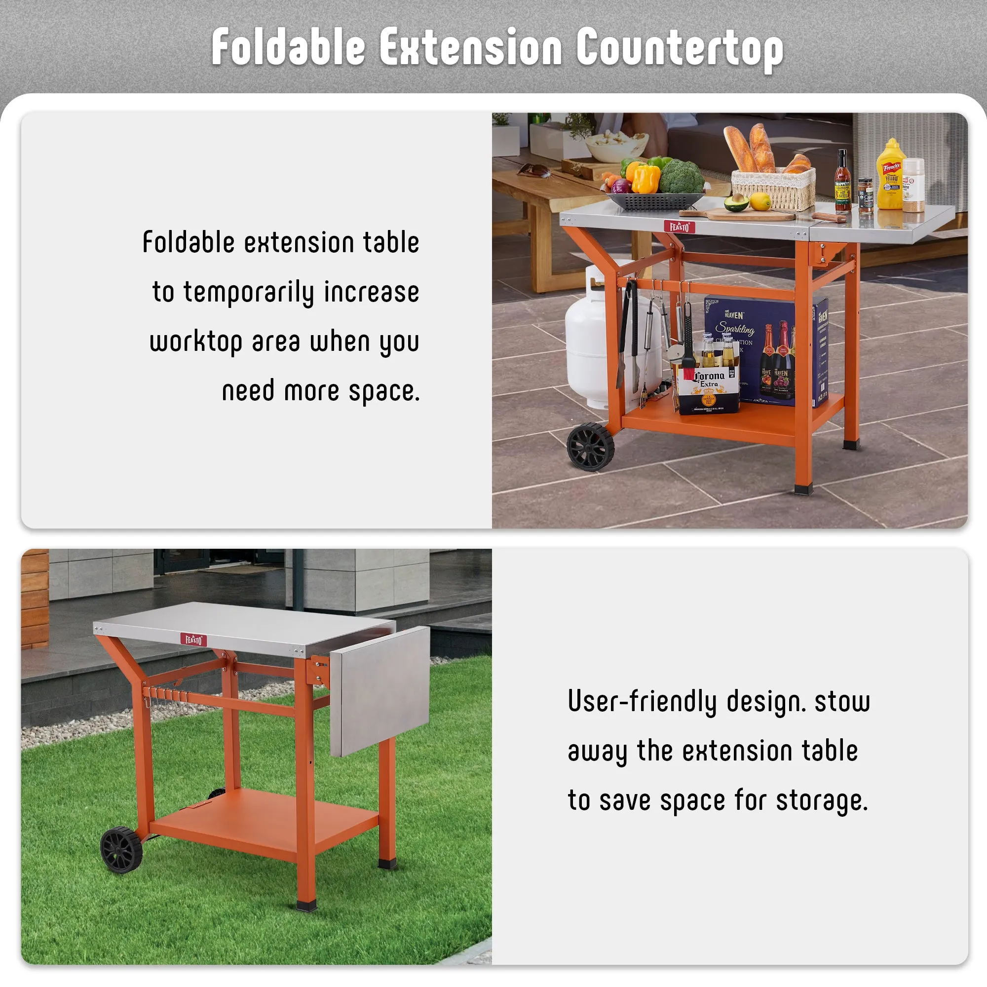 Feasto Outdoor Grill Table, 40’’x20’’, Movable Pizza Oven Table with Wheels, Stainless Steel Countertop Grill Cart with Storage Shelf & Foldable Extension Table, 6 Extra Hooks,for BBQ Food Prep