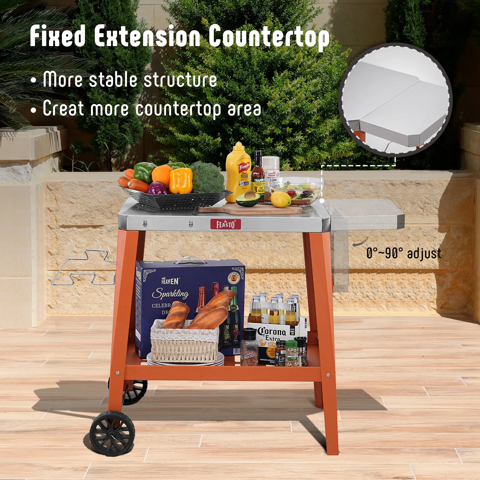 Feasto Outdoor Grill Table Cart, Pizza Oven Table with Wheels, Stainless Steel Countertop Cart with Foldable Extension Table, Versatile Food Prep Grill Cart for Outdoor BBQ Cooking Gathering