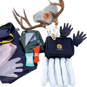 Field Dressing kit, Kill kit, Game Bags, tarp, Leak Proof Meat Bag, Paracord Rope, Nitrile Gloves, Shoulder Gloves, Flagging Tape, Large Cleaning Wipes, elk, Deer, Black