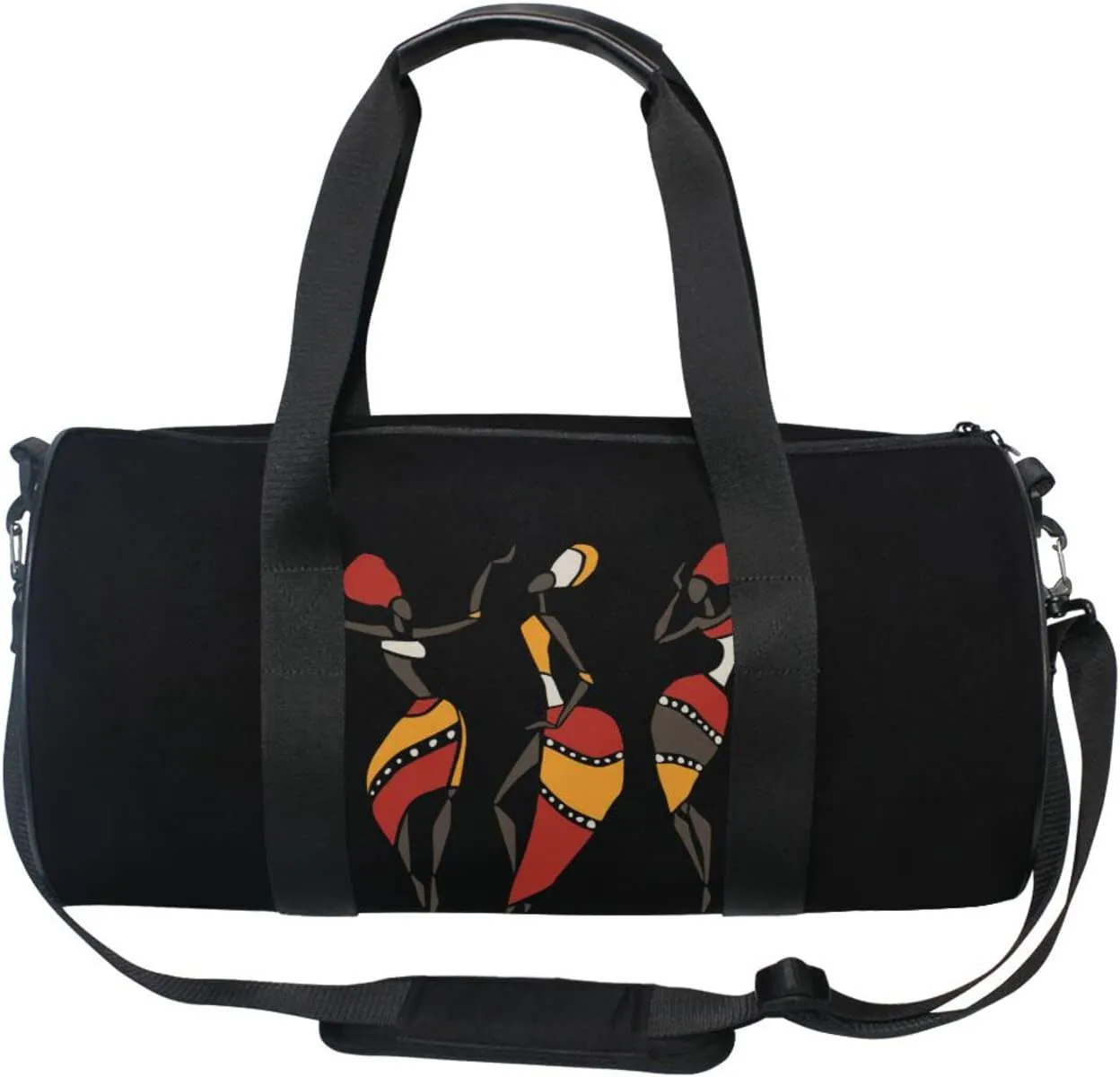 Figures of African Dancers in Ethnic Tribal Style on Dark Duffel Bag, Foldable Canvas Travel Tote for Gym Sports with Inner Pockets, Durable Lightweight Fitness Bag for Overnight Workout