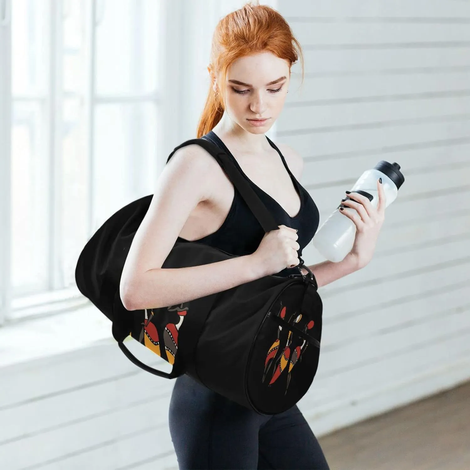 Figures of African Dancers in Ethnic Tribal Style on Dark Duffel Bag, Foldable Canvas Travel Tote for Gym Sports with Inner Pockets, Durable Lightweight Fitness Bag for Overnight Workout