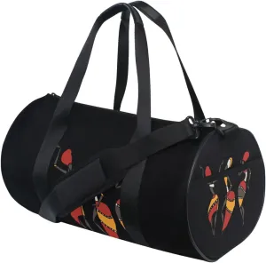 Figures of African Dancers in Ethnic Tribal Style on Dark Duffel Bag, Foldable Canvas Travel Tote for Gym Sports with Inner Pockets, Durable Lightweight Fitness Bag for Overnight Workout