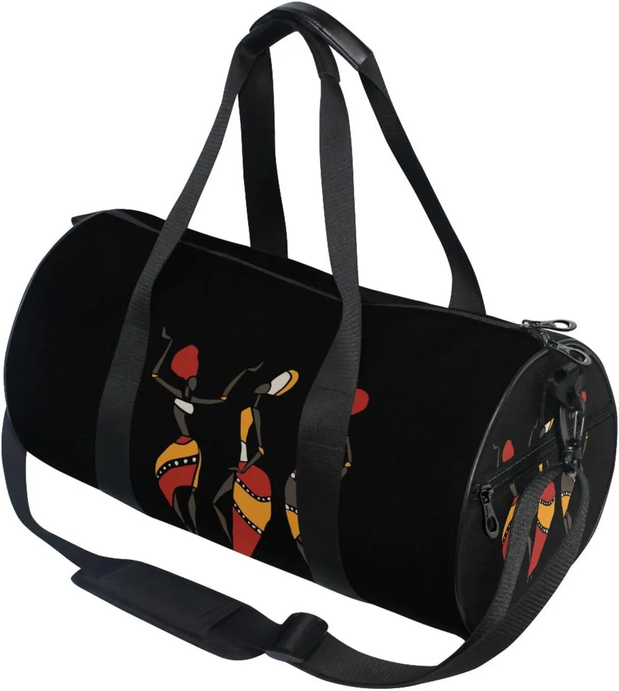Figures of African Dancers in Ethnic Tribal Style on Dark Duffel Bag, Foldable Canvas Travel Tote for Gym Sports with Inner Pockets, Durable Lightweight Fitness Bag for Overnight Workout