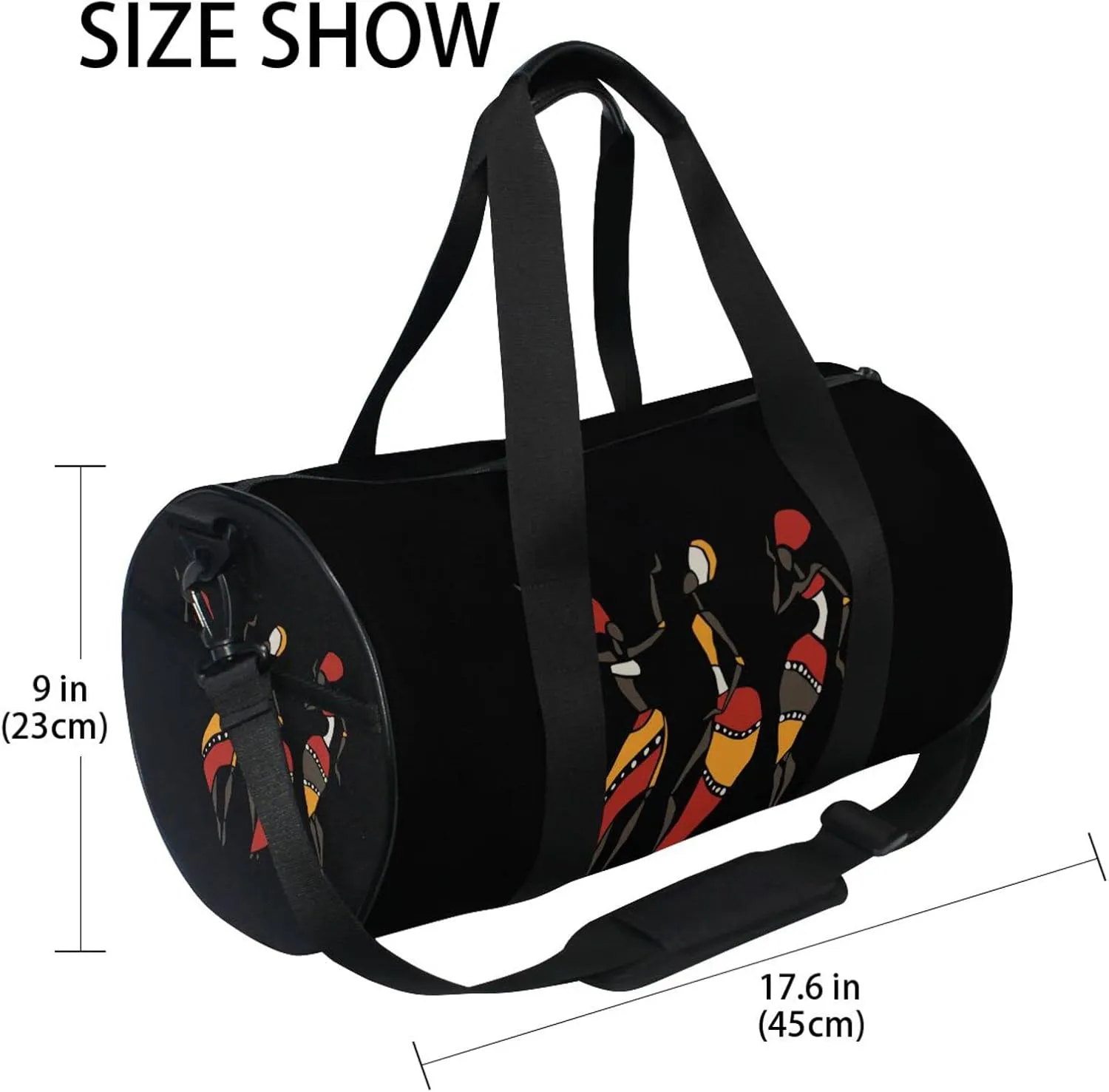 Figures of African Dancers in Ethnic Tribal Style on Dark Duffel Bag, Foldable Canvas Travel Tote for Gym Sports with Inner Pockets, Durable Lightweight Fitness Bag for Overnight Workout