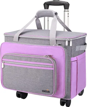 FINESUN Sewing Machine Case with Wheels, Foldable Deluxe Rolling Sewing Machine Carrying Bag for Brother, Singer, Bernina and Most Machines,purple-grey