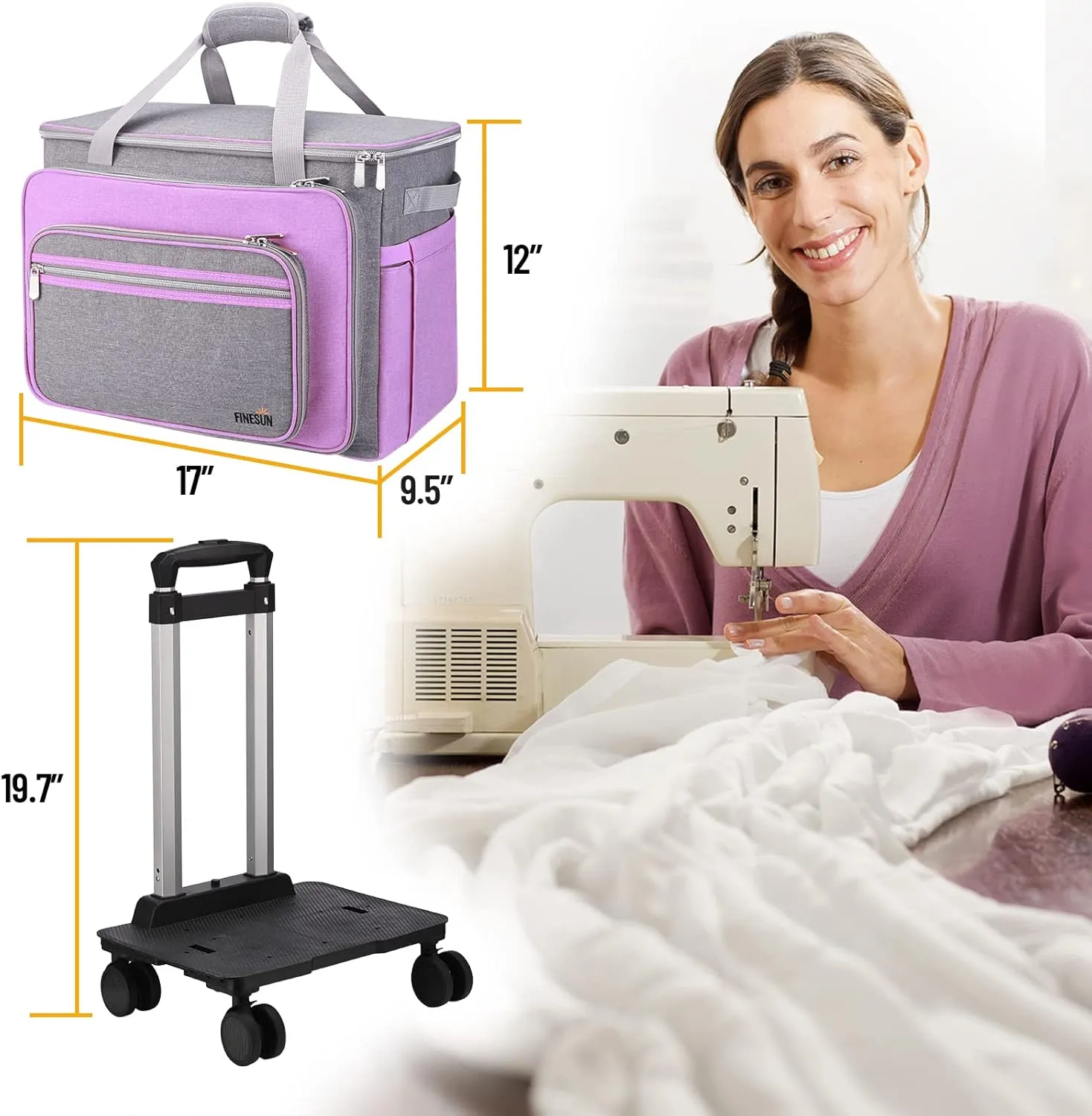 FINESUN Sewing Machine Case with Wheels, Foldable Deluxe Rolling Sewing Machine Carrying Bag for Brother, Singer, Bernina and Most Machines,purple-grey