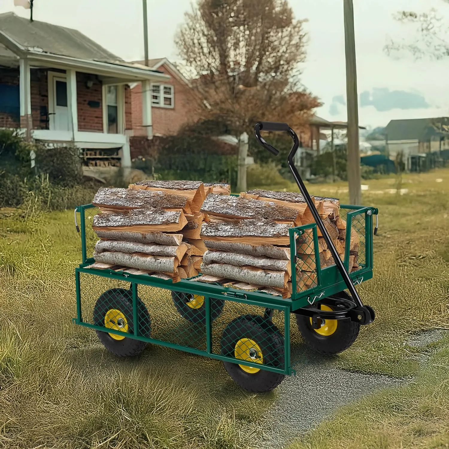 Finnhomy Heavy Duty 1000 Lbs Capacity Mesh Steel Garden Cart, Pullable Garden Wagons Carts on Wheels, Folding Utility Wagon with Removable Sides for Outdoor, Yard, Lawn, Green