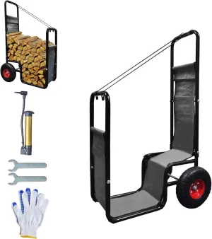 Firewood Carrier Cart with Large Wheels Rolling Log Cart Outdoor Wooden Firewood Carts Assemble Log Cart with Sliver PE Baffle and Straps