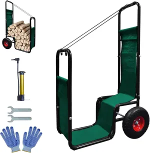 Firewood Carrier Cart with Wheels Rolling Log Cart Outdoor Wooden Firewood Carts with Green PE Baffle and Straps