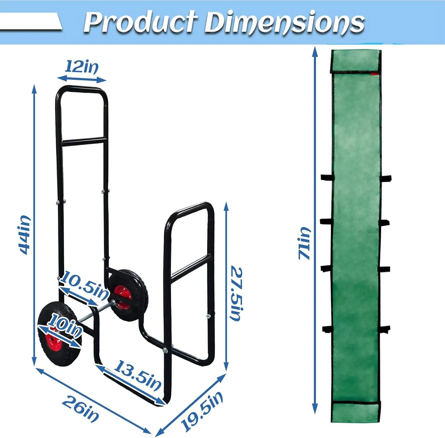 Firewood Carrier Cart with Wheels Rolling Log Cart Outdoor Wooden Firewood Carts with Green PE Baffle and Straps