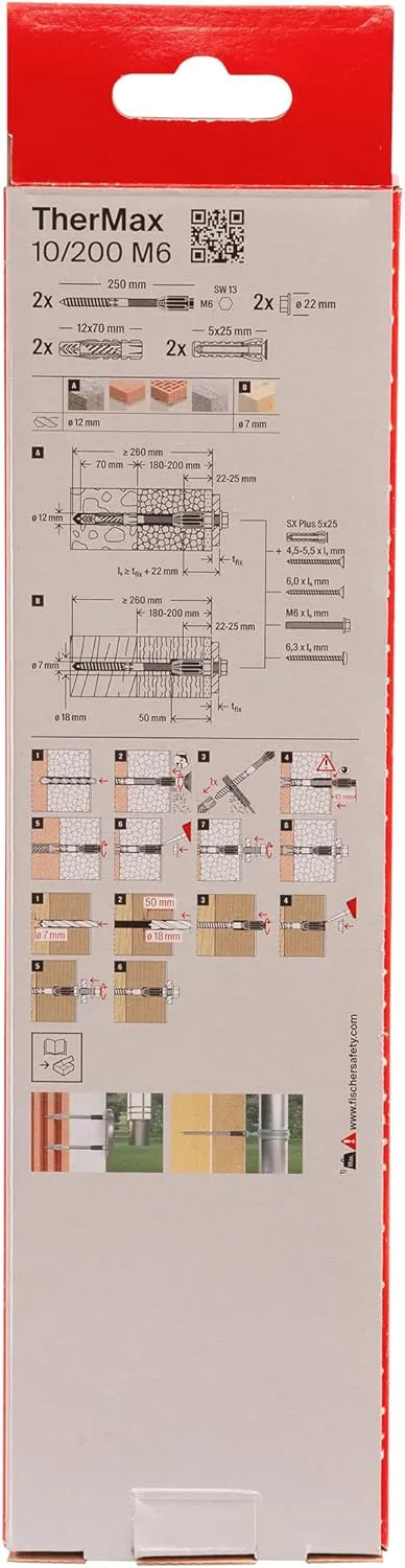 fischer TherMax 10/200 M6 Spacer Mounting System (2) for Insulation Materials, Insulation Dowels for Attaching Light Loads in Thermal Insulation Composite Systems, with Anti-Cold Cone
