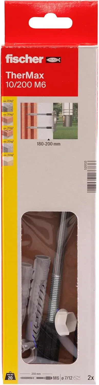 fischer TherMax 10/200 M6 Spacer Mounting System (2) for Insulation Materials, Insulation Dowels for Attaching Light Loads in Thermal Insulation Composite Systems, with Anti-Cold Cone