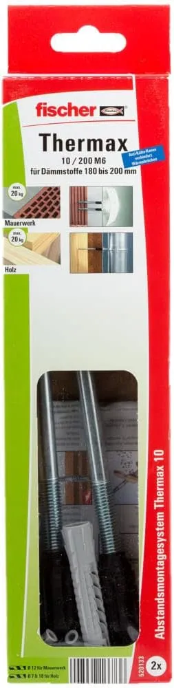 fischer TherMax 10/200 M6 Spacer Mounting System (2) for Insulation Materials, Insulation Dowels for Attaching Light Loads in Thermal Insulation Composite Systems, with Anti-Cold Cone