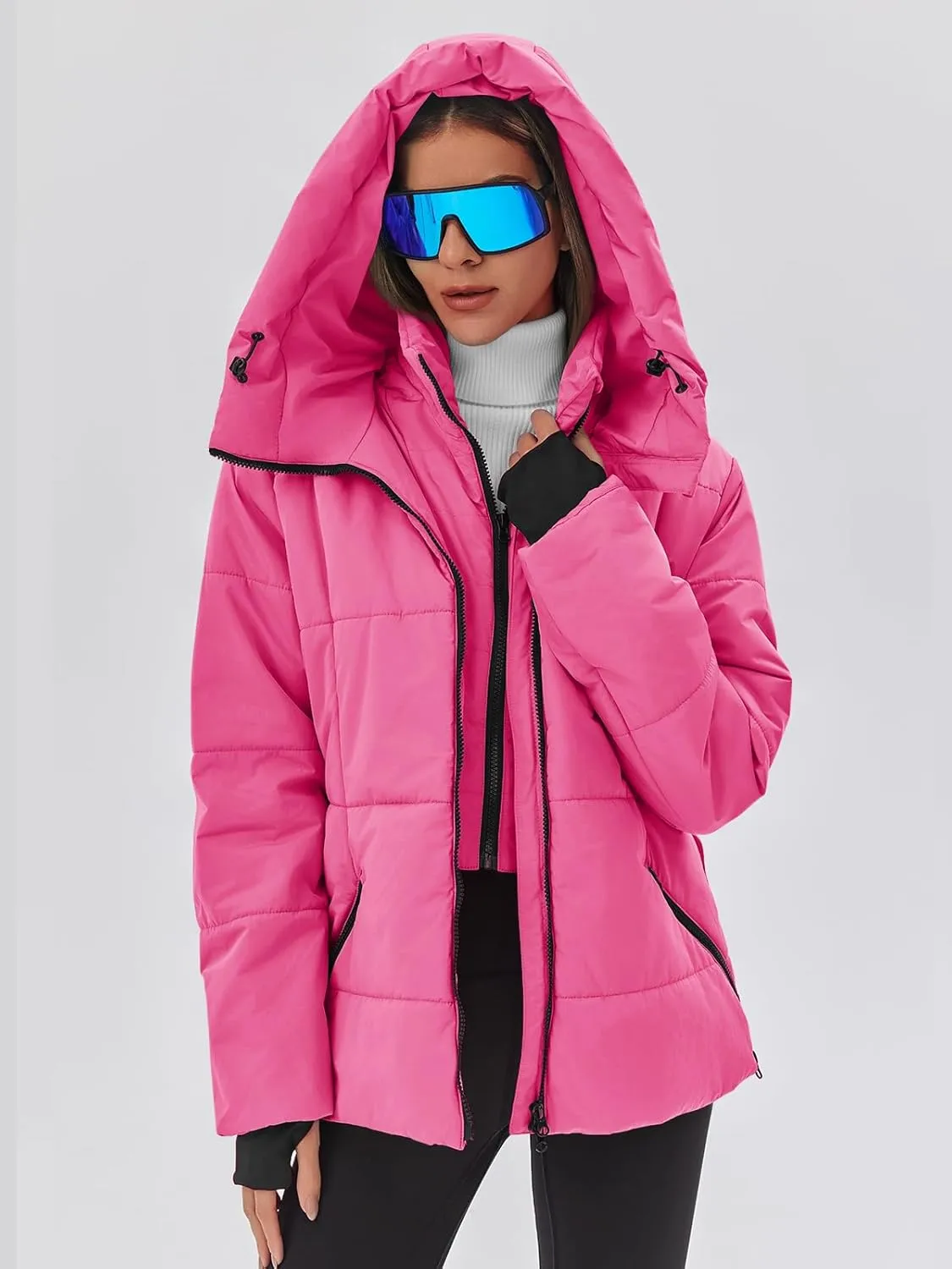 Fisoew Womens Ski Jacket Warm Hooded Windproof Waterproof Quilted Puffy Snow Winter Coat with Belt