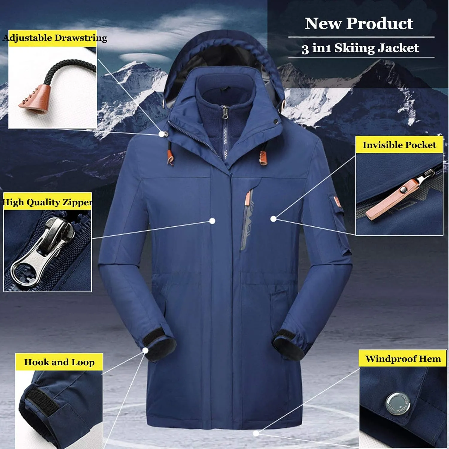 Flygo Womens 3 in 1 Fleece Lined Rain Jacket Windproof Waterproof Parkas