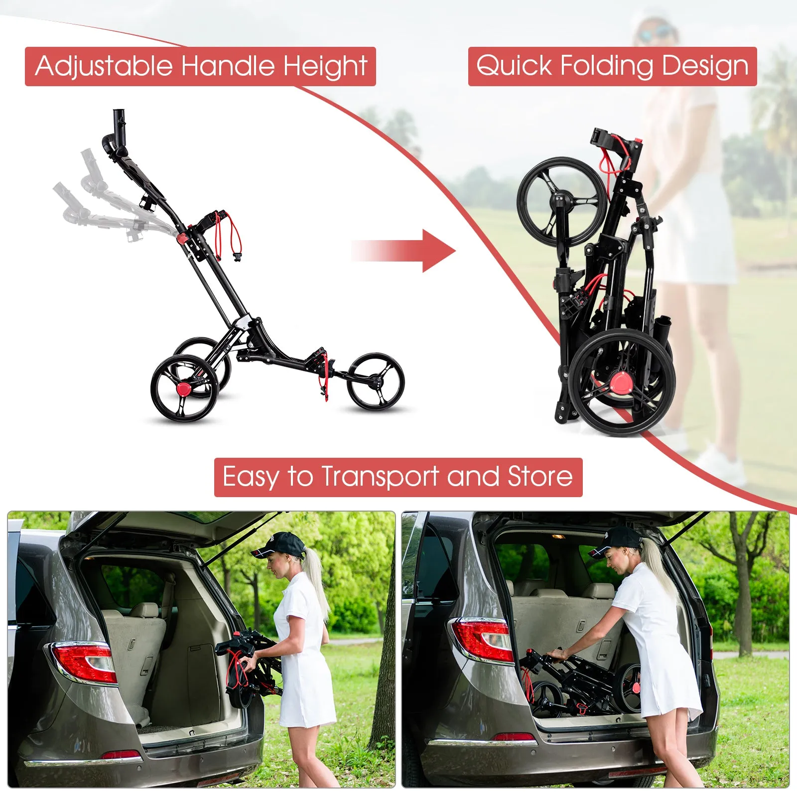 Foldable 3 Wheel Golf Pull Push Cart Trolley