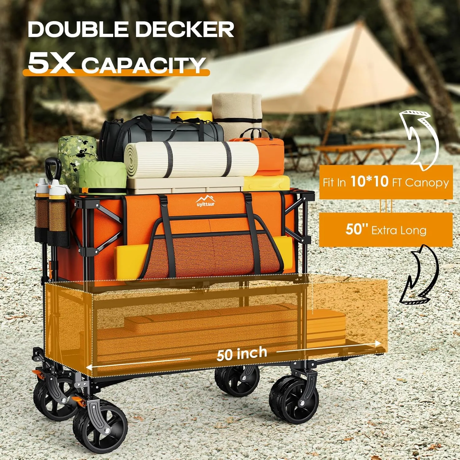 Foldable 50''L Extra Long Double Decker Wagon for Sport, 400L Collapsible Heavy Duty Wagon Cart with Big Wheels, Utility All-Terrain Large Extender Cart for Outdoors, Orange